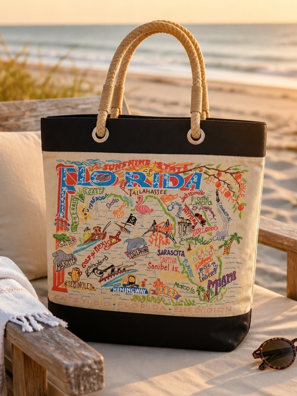 Florida Map Canvas Tote in Cream with Black Trim